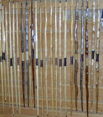 Selfwood bows, or self bows, scultped from a single piece of yew wood. No fibreglass or laminations!